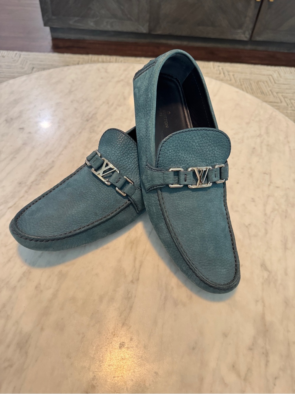 Louis Vuitton Teal Suede Loafers with Silver LV Bit